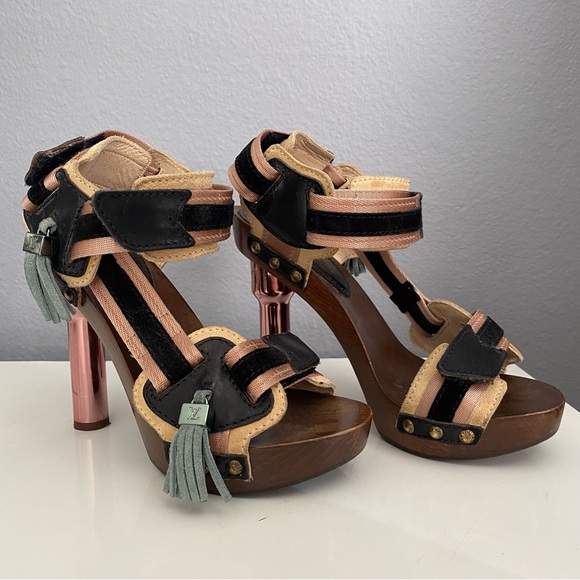 LOUIS VUITTON Tassel 2010 Y2K Wooden Chunky Platform Heels Shoes Size 35 Italy